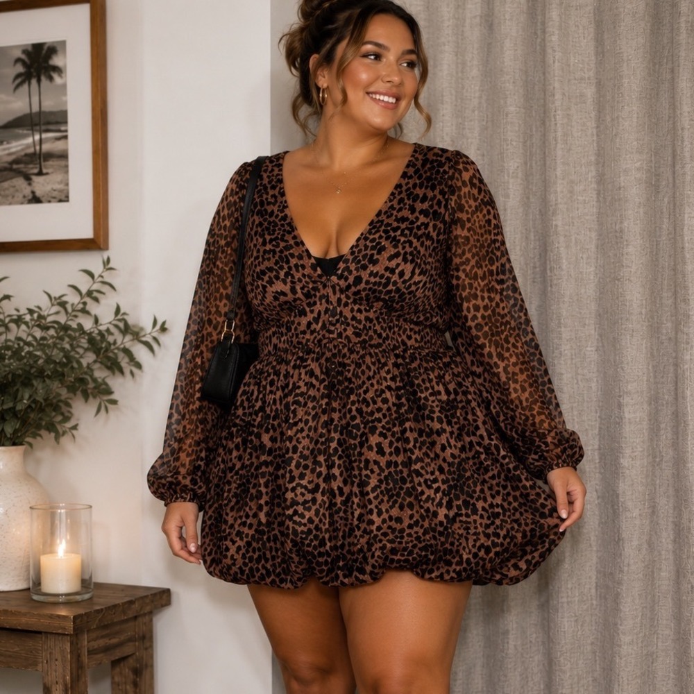 Boohoo Plus Leopard Print Bubble Hem Mini Dress Size 18 Boho Western